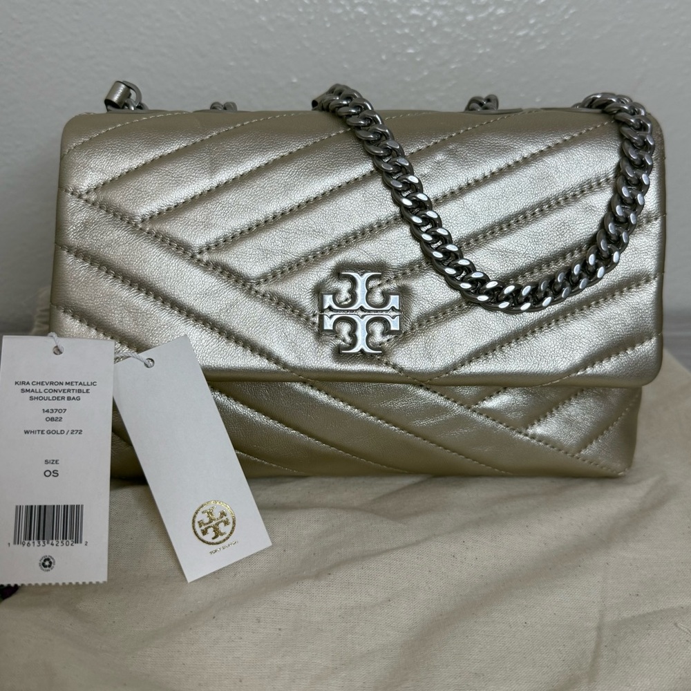 NWT Tory Burch Kira chevron metallic gold convertible handbag